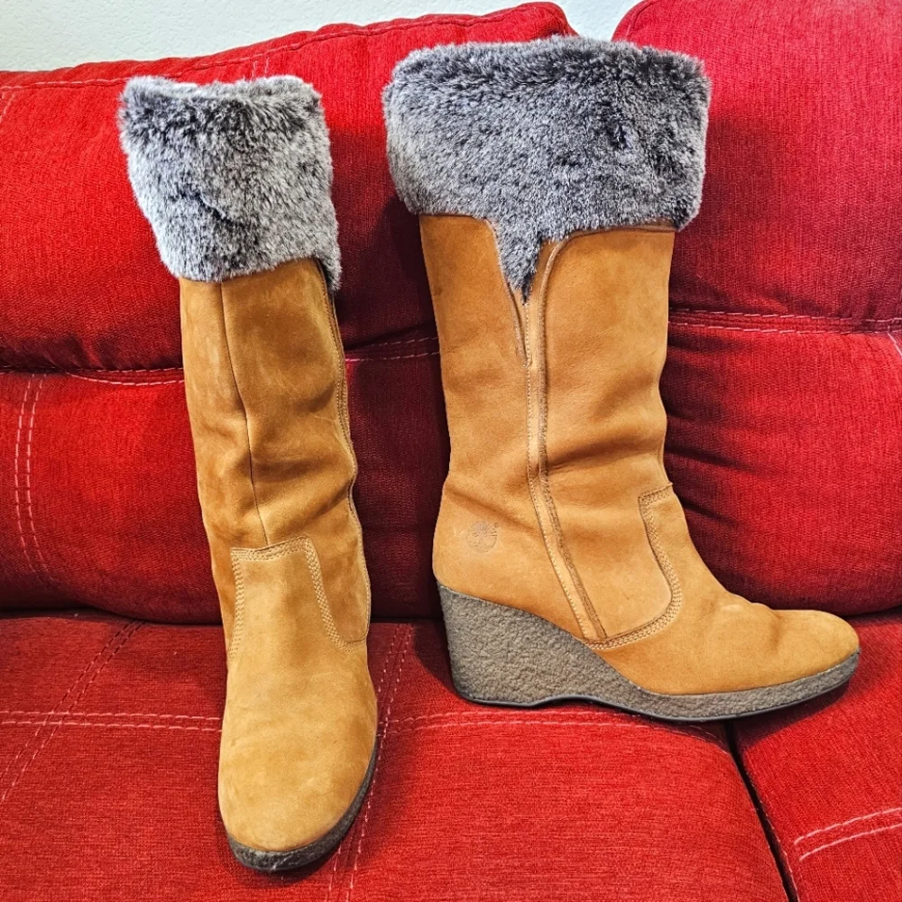 Timberland Tan Suede Wedge Boots with Gray Faux Fur Cuff